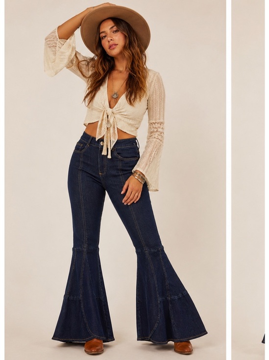 VENUS Denim - VENUS Dark Blue 70’s Western Boho Flare Bell Bottom 70’s Wide-Leg Jeans Size 14